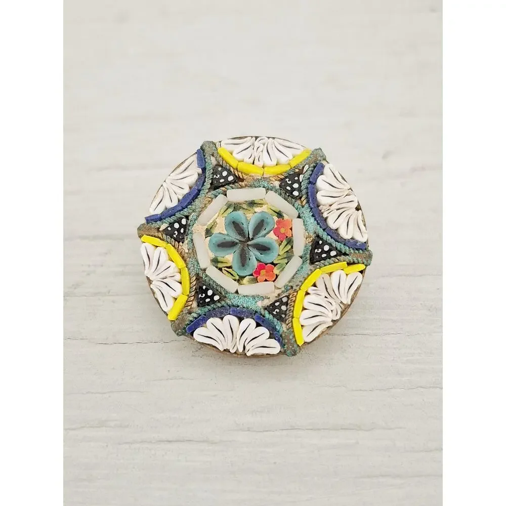 Vintage Antique C-Clasp White and Blue Micro Mosaic Tile Brooch Pin
